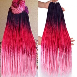 Box Braids Crochet Hair 24 Inch Pre Looped 3X Goddess 6 Packs Ombre Red Pink Box Braids Crochet Hair for Black Women Knotless Straight Braiding Hair Extensions(Purple/Red/Pink#)