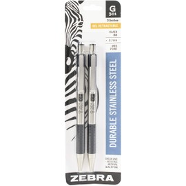Zebra Pen G-301 Retractable Gel Ink Pen, Stainless Steel Barrel, Medium Point, 0.7mm, Black Ink, 2-Pack