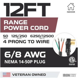 Iron Forge Cable 4 Prong Range Cord 12 Ft - 50 Amp Extension Cord 12 Foot, NEMA 14-50 Plug, 6/8 Range & Stove Cord 4 Prong STW, 125V/250V, 12500 Watt. Great for EV Extension Cord & EV Charger