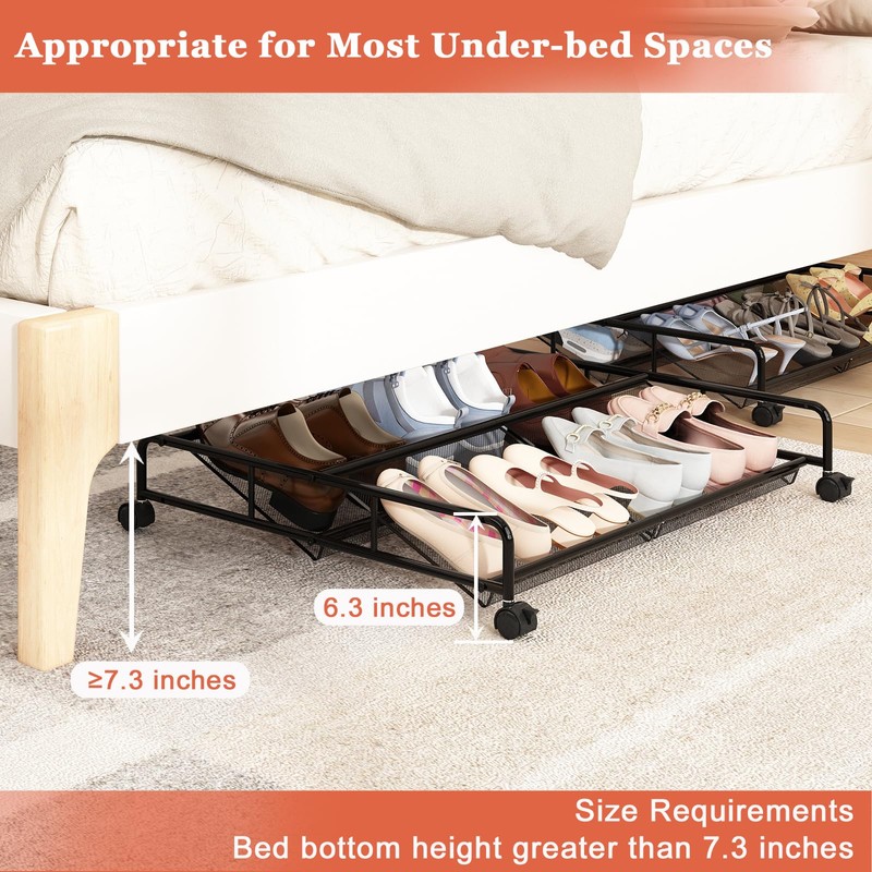 KOSIWU Under Bed Shoe Storage Organizer, Metal Mesh Under Bed