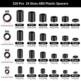 Celepoir 320 Pcs ABS Plastic Spacers Black 24 Sizes, M3 M4 M6 M8 Plastic Spacers with Storage Box, Non-Threaded Nylon Spacer Set, Insulation Standoff Spacers for Screws & Circuit Boards
