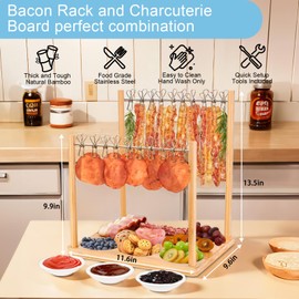 HOSASSPER Bacon Display Clothesline Serving Tray Rack, Bacon Display Hanger Stand for Smoking, Bamboo Double Bacon Hanging Holder with 3 Dipping Bowls for Bacon Lovers Funny Gifts