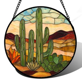 JOSUMALY Stained Glass Window Hanging, Green Cactus Sun Catcher for Door Terrace Garden Home Decor, Abstract Desert Landscape Suncatcher Birthday Gifts for Lovers Women Men Dad Mom Nana 6.3