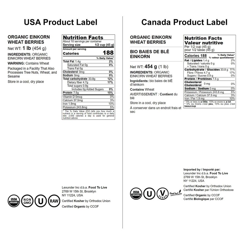 Food to Live - Organic Einkorn Wheat Berries, 1 Pound