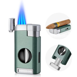 Cigar Lighter Triple Jet Flame Torch Lighter with Cigar Cutter V Cut Cigar Accessories Cigar Holder Windproof Refillable Butane Lighters for Smoking with Gift Box (Green)