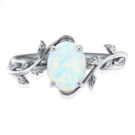 Opal Ring 925 Sterling Silver Oval Opal Ring for Women Leaf Promise Ring for Her Christmas Birthday Anniversary Jewelry Gifts for Women,Ring Size 8