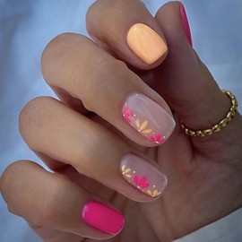 Square Press on Nails Short Flower Fake Nails Red Yellow Flower Designs False Nails Glossy Hot Pink Glue on Nails Cute Full Cover Acrylic Artificial Nails Stick on Nails for Women Girls 24Pcs