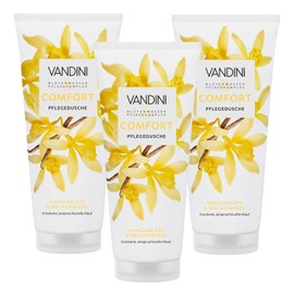 VANDINI 3x COMFORT Pflegedusche Damen 200 ml mit Vanilleblüte & Macadamiaöl - Duschgel für trockene, anspruchsvolle Haut - vegan, ohne Parabene & Silikone, dermatologisch bestätigt, Made in Germany
