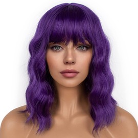 LANCAINI Short Bob Wigs with Bangs for Women Loose Wavy Wig Curly Wavy Shoulder Length Bob Synthetic Cosplay Wig for Girl Colorful Costume Wigs (DarkPurple)