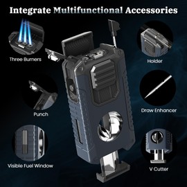 Torch Lighter Built-in Cutter, Punch, Holder, and Draw Enhancer Tool, with Gift Box for Men, Windproof Triple Jet Flame, Refillable Butane Lighter, All-in-one Lighters Accessories for Candle, Outdoor