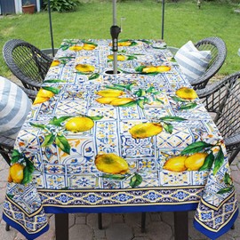 bnhjsdw Blue Outdoor Tablecloth with Umbrella Hole for Rectangle Table, Waterproof Lemon Patio Table Cloth with Zipper - 60 x 102 inches