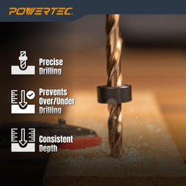 POWERTEC Drill Bit Stop Collar Set, 7 Piece Set Adjustable Drill Bit Depth Stopper with Allen Wrench, Bits Stop with Imperial System Size Markings - 1/8", 3/16", 1/4", 5/16", 3/8", 7/16", 1/2” (71491)