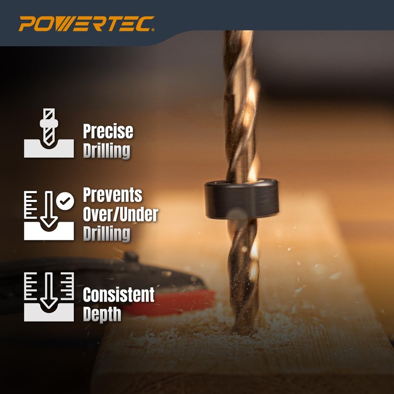 POWERTEC Drill Bit Stop Collar Set, 7 Piece Set Adjustable