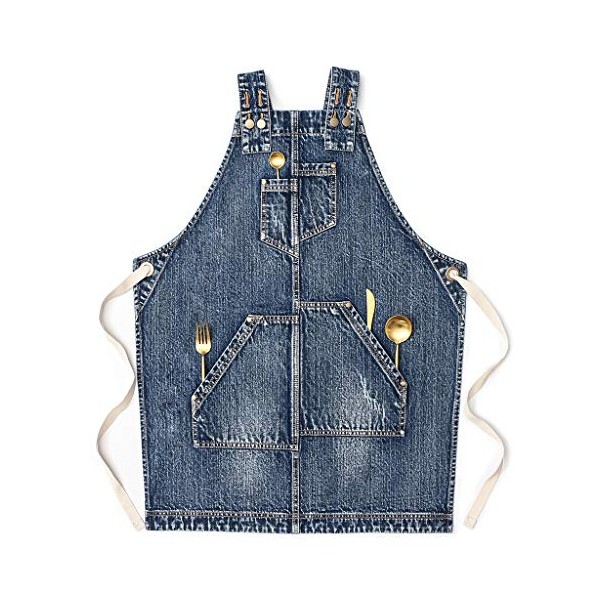 Jeanerlor - Denim Apron for Women With Pockets Cross-Back Straps
