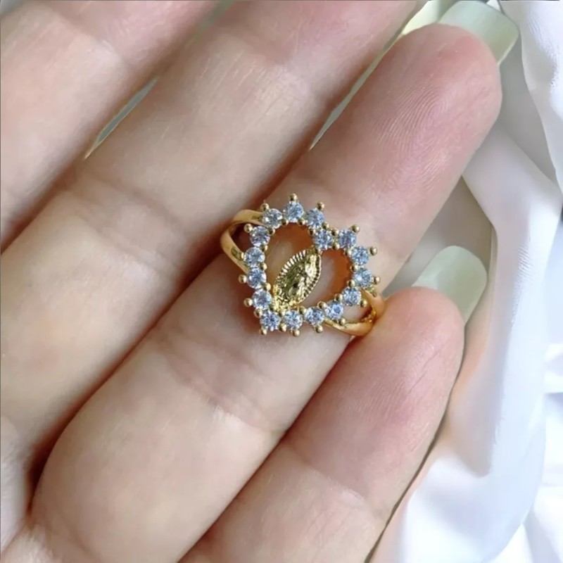 Anillo De Corazón Oro 24k Con Cironias Virgen De Guadalupe