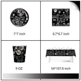 YINcrinx Party tableware with black bow, including plates, cups, tablecloths and napkins, suitable for outdoor picnics, birthday parties and baby showers, up to 20 guests.