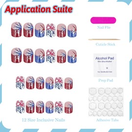 4th of July Press on Nails Short Square French Tip Fake Nails Patriotic False Nails with Fireworks Glitter Stars Designs Independence Day Glossy Glue on Nails Acrylic Nails for Women Girls 24Pcs