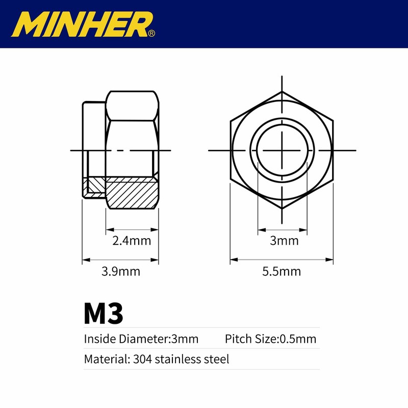 MINHER M3-0.5 Nylon Insert Locknuts,304 Stainless Steel Black Oxide, Lock