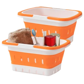 MINDFARGE Portable Folding Plastic Bath Caddy with Handle, Perforated, Travel Bathroom Organizer for Bedroom, Bathroom, Shower, Dorm Room, Camping and RV Use (Orange, 2 pack)