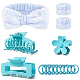 Set de 16 Diademas Skincare, Diademas para Cabello Mujer(Azul) | con 1 Pare Munequeras y 3 Pinzas, Ajuste Suave para Lavado Facial, Spa Ducha, Maquillaje y Mascarillas