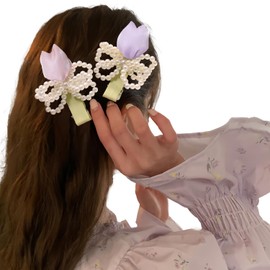 FWCXKK 2PCS Pearl Bow Hair Clips with Flower Petals Hair Accessories for Women Bows with Tulip Hair Clips for Female Hairpin Decorative Hair Side Clip