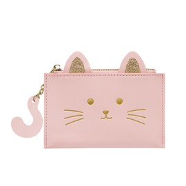 LJCZKA Cat Coin Purse for Women Cute Credit Card Holder Wallet Small Slim Zipper Pocket Leather Mini Pouch with ID Window, Pink, Cute