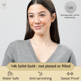 MAX + STONE 14k White Gold Bar Pendant Necklace for Women with 3mm Small Created Opal on 16 Inches to 18 Inches Adjustable Cable Chain with Spring Ring Clasp October Birthstone