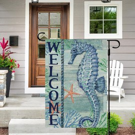 DLZDN Summer Seahorse Garden Flag Beach Garden Flag 12x18 Inch Double Sided Burlap Welcome Summer Rustic Coastal Seasonal Ocean Yard Flag Outdoor Decoration