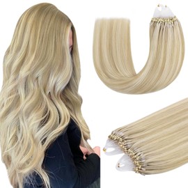DOORES Microlink Hair Extensions Human Hair, Dark Blonde Highlighted Bleach Blonde 18 Inch 50g/50s, cold Fusion Hair Extensions, Micro Loop Hair Extensions