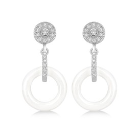 Tuscany Silver Rhodium Plated White Ceramic CZ Cluster Drop Earrings