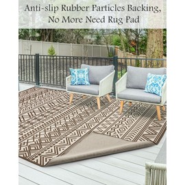 Outdoor Rug Carpet 8x10 ft, Flatweave Textured Outdoor Patio Rug Non Slip Indoor Outdoor Rugs with Rubber Particles Backing Boho Outdoor Area Rug for Patio Deck Front Porch Backyard Balcony, Brown