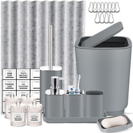 IMAVO Grey Bathroom Accessories Set with Shower Curtain,23 Piece Bathroom Set,Trash Can,Soap Dispenser,Soap Dish,Toothbrush Holder,Toothbrush Cup,Toilet Brush and Qtip Holders