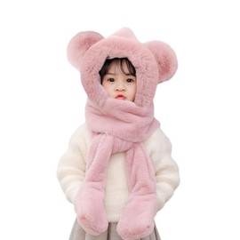 Kids Hat Scarf Gloves Set Boys Girls Cute Bear 3 in 1 Winter Warm Plush Snood Gloves Mittens Earflap Hat Long Scarf Faux Fur Hooded Neck Warmer Windproof Earmuffs Head Trapper for 3-8 Years Old
