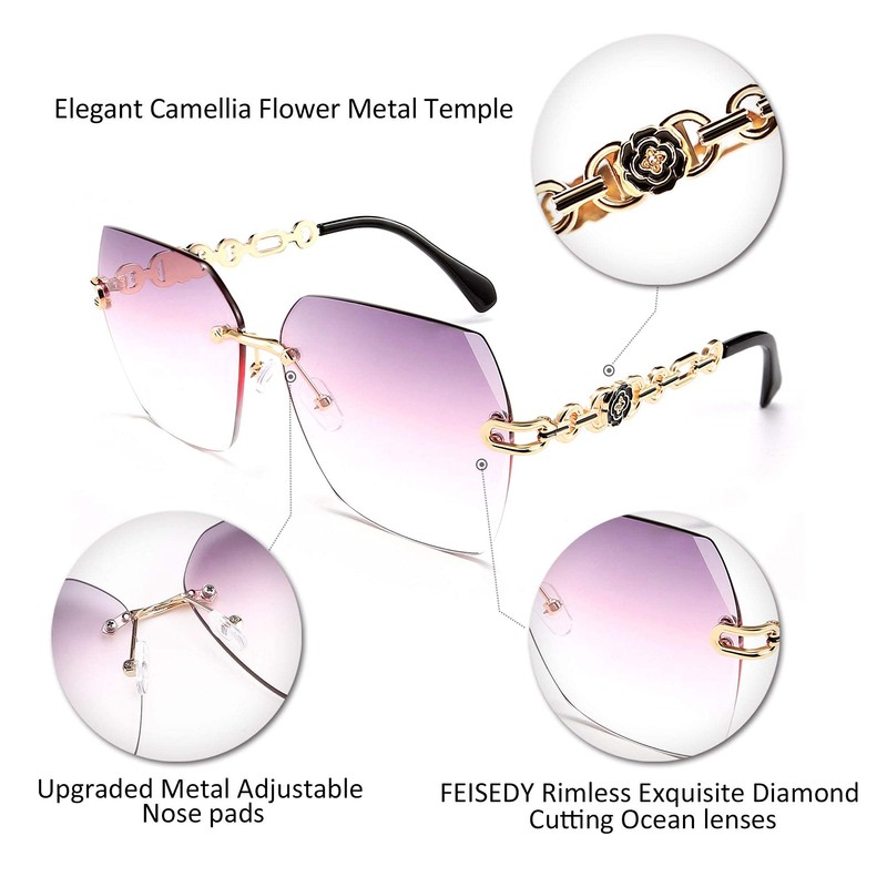 Feisedy Ladies Classic Rimless Metal Frame Diamond Cut Sunglasses, B2567