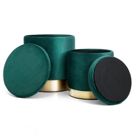 BRIKY Round Storage Ottoman, Green Velvet Ottoman with Storage for Living Room, Upholstered Ottoman Foot Rest Stool with Gold Plating Base, Pack of 2 Vanity Accent Chairs for Bedroom