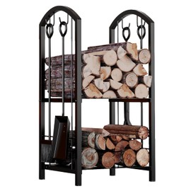 Fire Beauty Fireplace Firewood Log Rack 5-Piece Storage Logs Holder with Tools Set with 4 Tools Set Fireside Holders Wood Lumber Storage Stacking Black