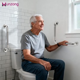 16 Inch Anti Slip Angled Shower Grab Bars with Munzong 20 Inch Stainless Steel Bathroom Grab Bar Brushed Nickel Toilet Handicap Grab Rail Knurled Safety Handle Support Elderly Injury Senior Bath