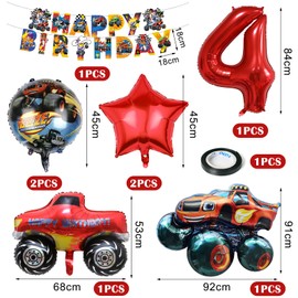 Monster Truck Birthday Decoration 4 Years Boy, Cars Balloons Birthday Set, Racing Car Children's Birthday Party Decoration, Monster Truck Balloons, Banner, Monster Trucks Birthday Supplies for