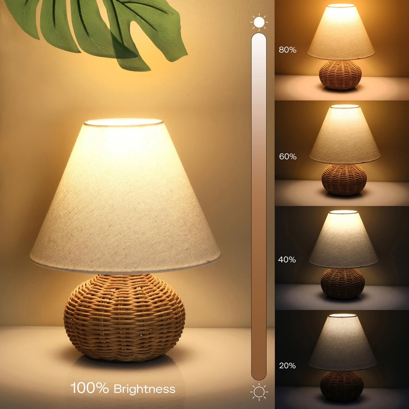 11" Small Wicker Table Lamp, Dimmable Rattan Bamboo Lamp with