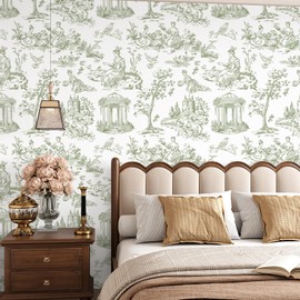 VEELIKE Green Toile Wallpaper Peel and Stick Vintage French Country Wallpaper for Bedroom Bathroom 17.7''x118'' Removable Prepasted Green Chinoiserie Wall Mural Contact Paper for Walls Cabinets Shelf