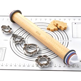 Rolling Pin with Thickness Rings,13.6" Dough Roller with Mat&4 Cookie Molds
