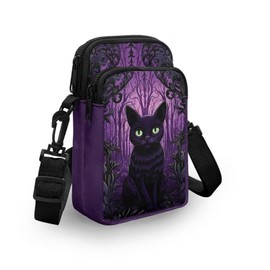 WELLFLYHOM Mini Crossbody Bag Phone Purses Wallet for Women Canvas Messenger Pouch, Black Cat, One Size