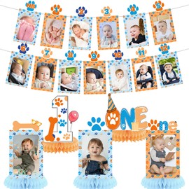 Blue Dog 1st Birthday Party Decorations, Dog Paw 12 Monthly Milestone Photo Banner Baby First Year Down Cartoon Dog Theme Photo Table Centerpiece for Blue Paw Dog First Theme Party
