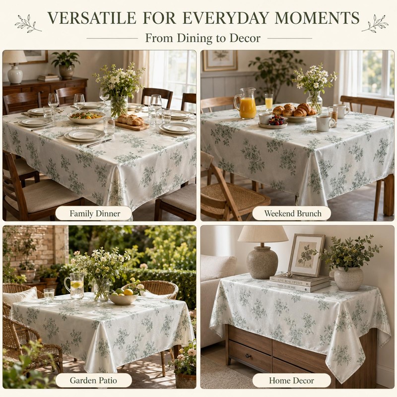 Botanical Floral Polyester Tablecloth Vintage Green Leaf Design