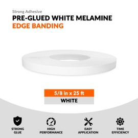 White Edge Banding 5/8 inch x 25 ft Melamine Iron On Adhesive Edging Cabinet Repair Laminate Shelf Board Countertop Furniture Strip Wood Veneer Tape Trim Peel Stick Cabinet Molding Vinyl PVC Iron