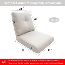 Belord Patio Furniture Cushions with Removable Cover, 1 Pair of Beige Cushions Including 1 Seat Cushion and 1 Back Cushion for Outside