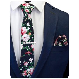 GUSLESON Mens Skinny Black Ties for Men Floral Cotton Tie Clip Slim Necktie and Pocket Square Sets (0941-06)