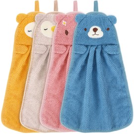 Tatuo Pack of 4 Children's Hand Towels, Cute Animal Wash Cloth, Microfibre Absorbent Towels, Quick-Drying Face Towels with Hanging Loops for Kitchens and Bathrooms