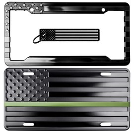 American Flag Thin Blue Line, Thin Red Line Or Thin Green Line License Plate, Frame and Key Tag Combo. (Green Line)