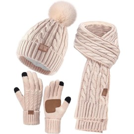 Winter Beanie Hat Scarf Gloves Set for Women, 3 count Pom Pom Hat Touchscreen Glove Long Neck Kint Scarf Christmas Gift - Colour: Oatmeal